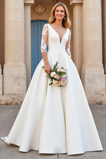 Ivory Court Train Satin A Line V-Neck Wedding Dress with Lace Appliques